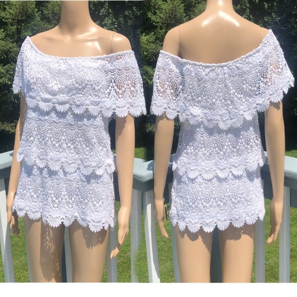 WHITE HOUSE BLACK MARKET Boho Off-The-Shoulder Tiered Scalloped White Lace Sz S - Picture 3 of 4